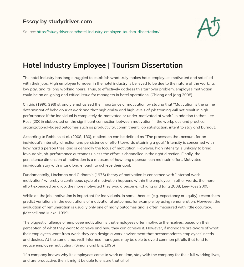 Hotel Industry Employee | Tourism Dissertation essay