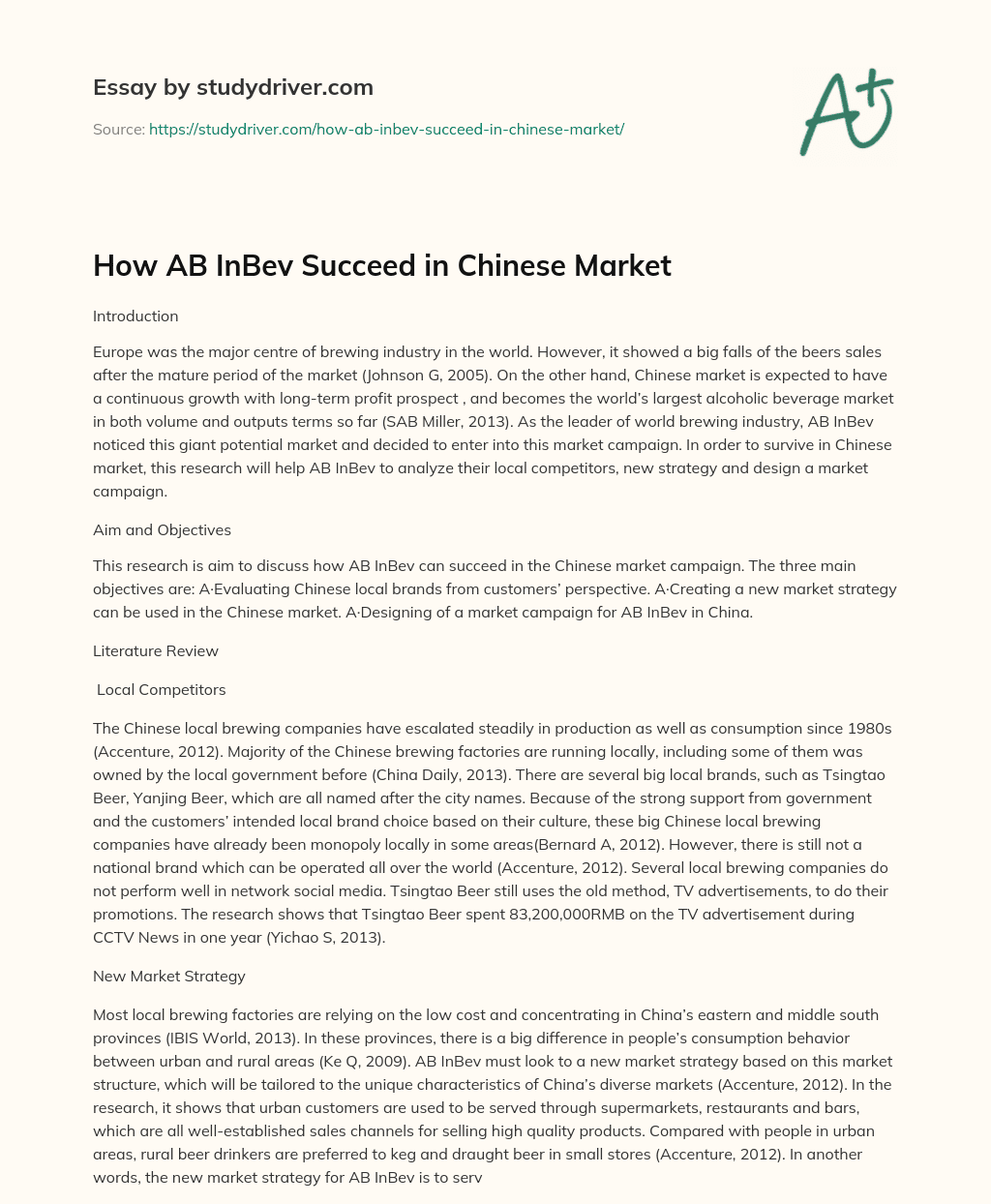 How AB InBev Succeed in Chinese Market essay