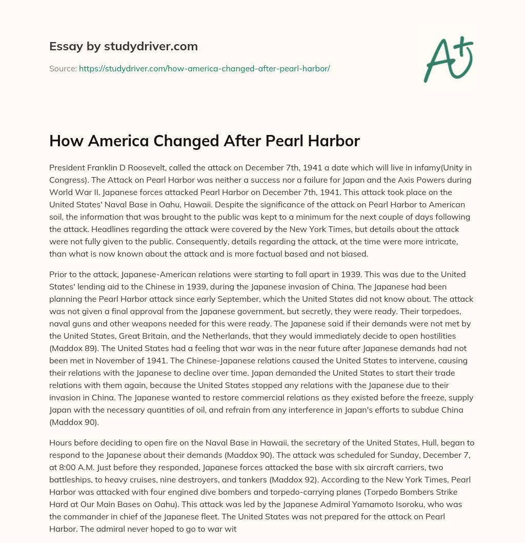 How America Changed after Pearl Harbor essay
