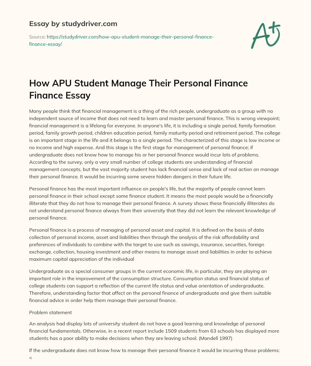 How APU Student Manage their Personal Finance Finance Essay essay