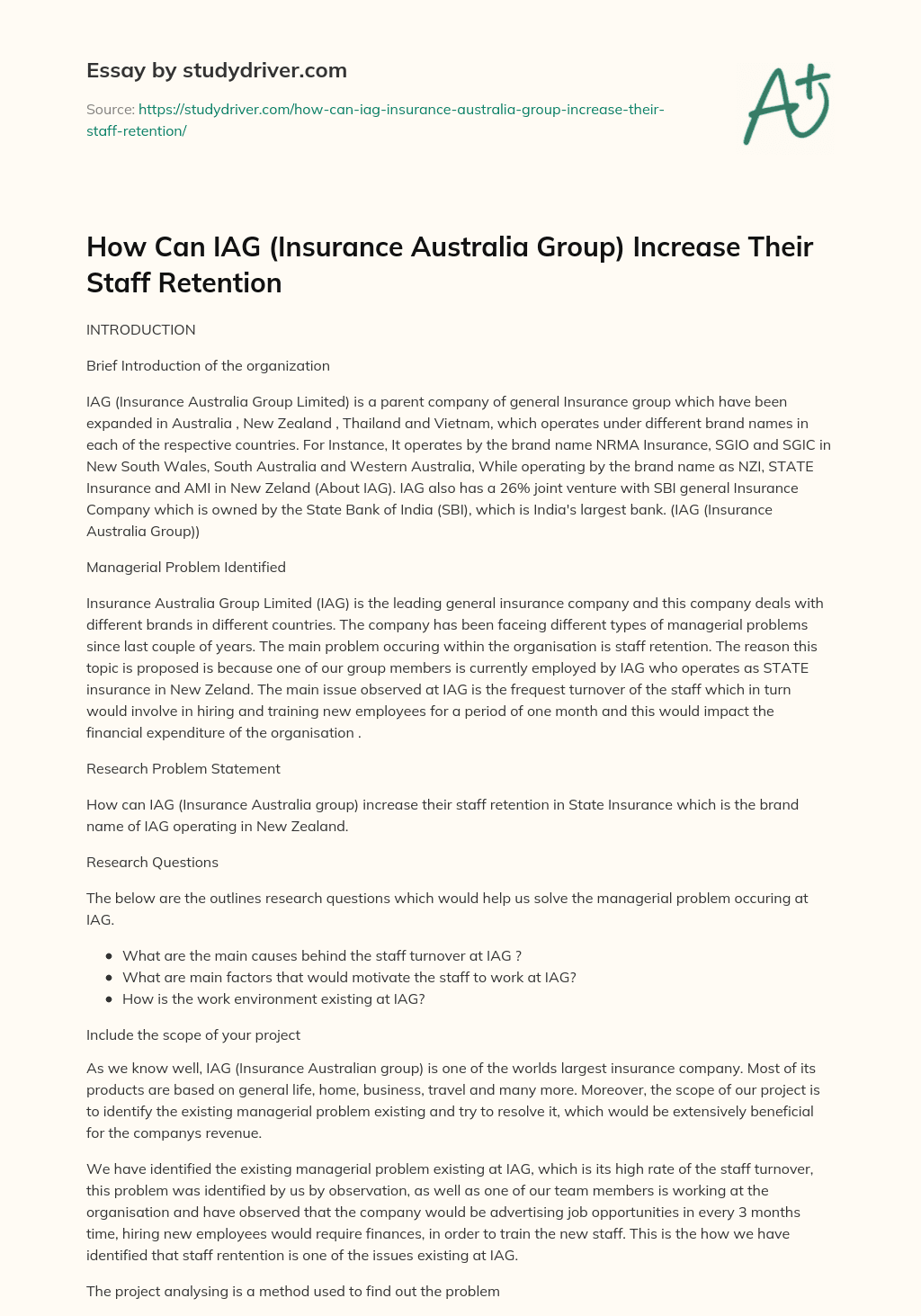 How Can IAG (Insurance Australia Group) Increase their Staff Retention essay