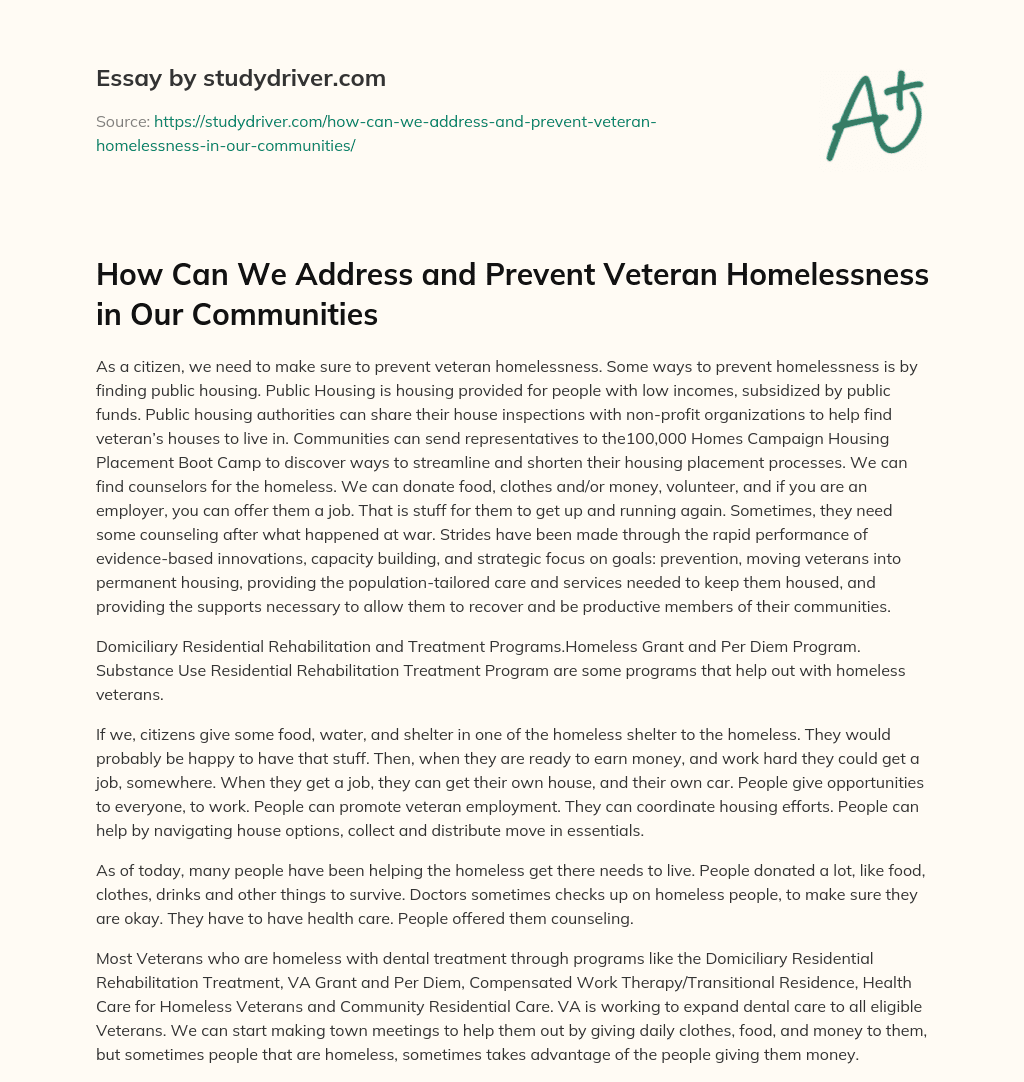 How Can we Address and Prevent Veteran Homelessness in our Communities essay