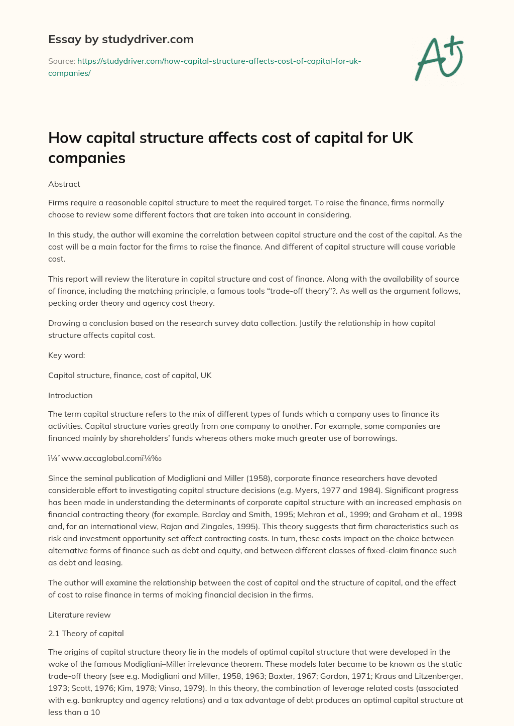 How Capital Structure Affects Cost of Capital for UK Companies essay