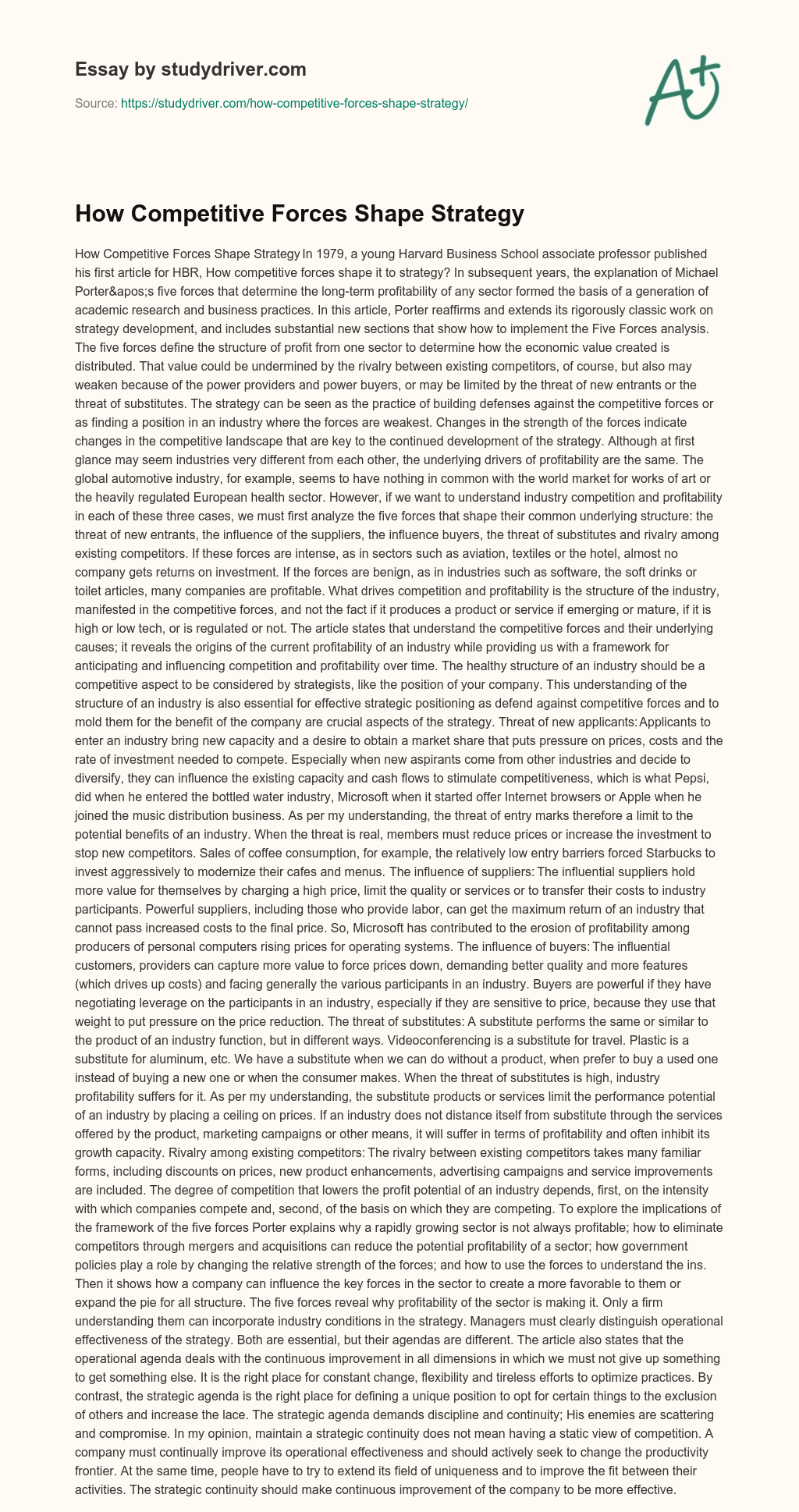 How Competitive Forces Shape Strategy essay