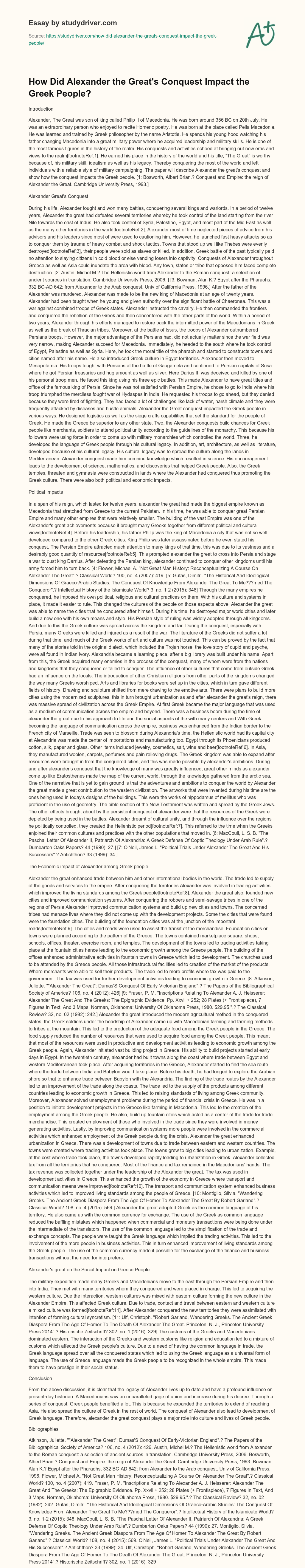 How did Alexander the Great’s Conquest Impact the Greek People? essay