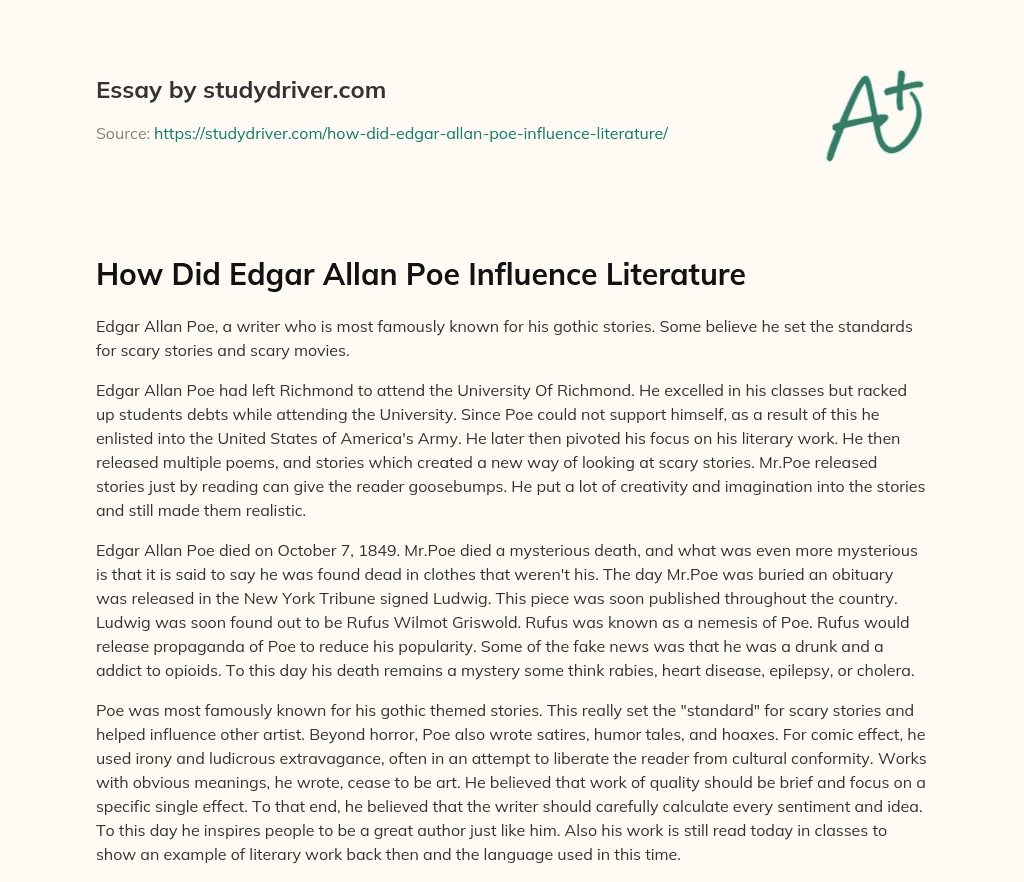 How did Edgar Allan Poe Influence Literature essay