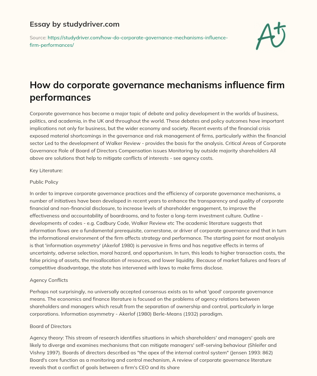 How do Corporate Governance Mechanisms Influence Firm Performances essay