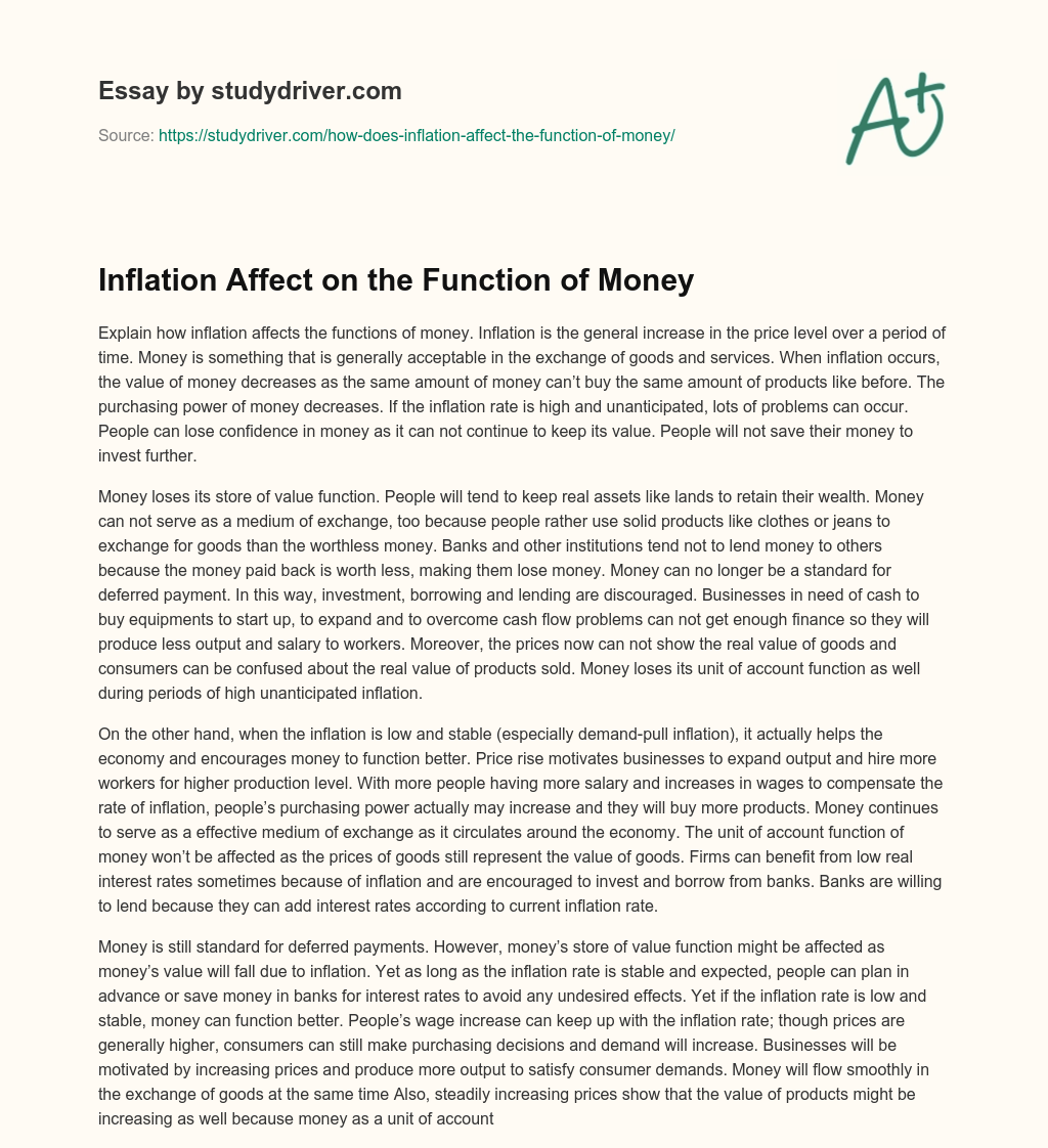 Inflation Affect on the Function of Money essay