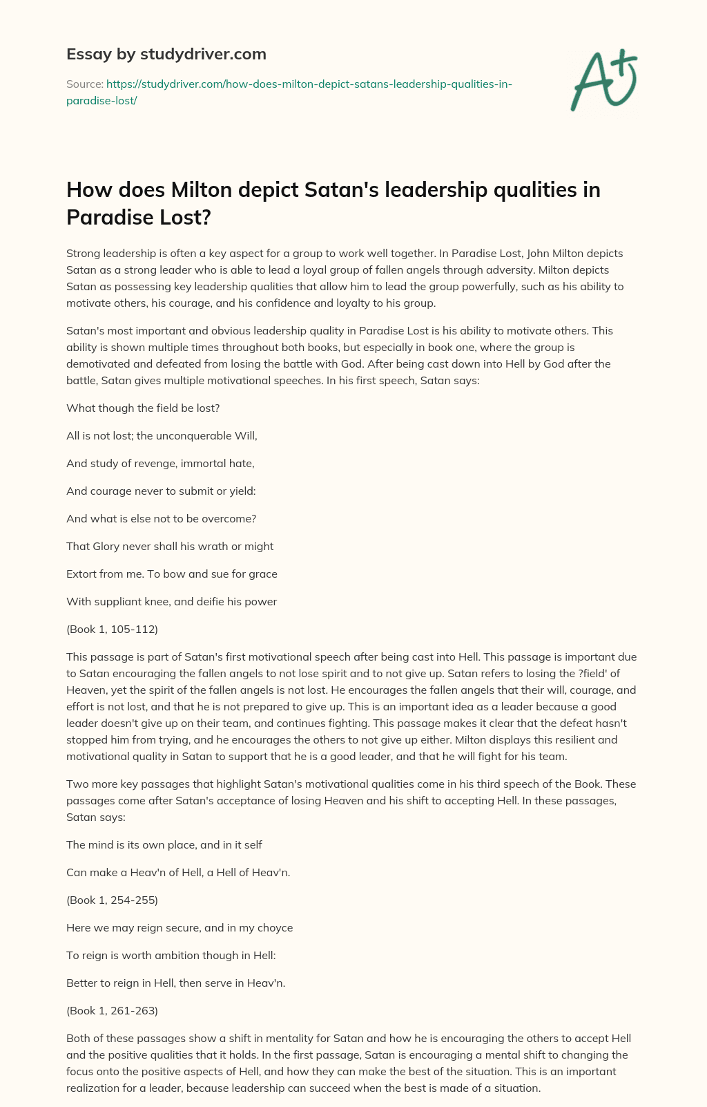 How does Milton Depict Satan’s Leadership Qualities in  Paradise Lost? essay