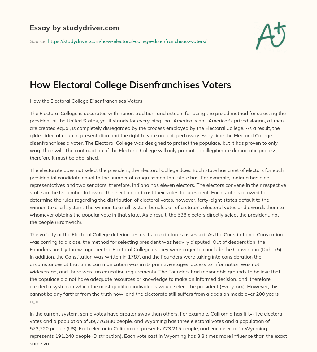 How Electoral College Disenfranchises Voters essay