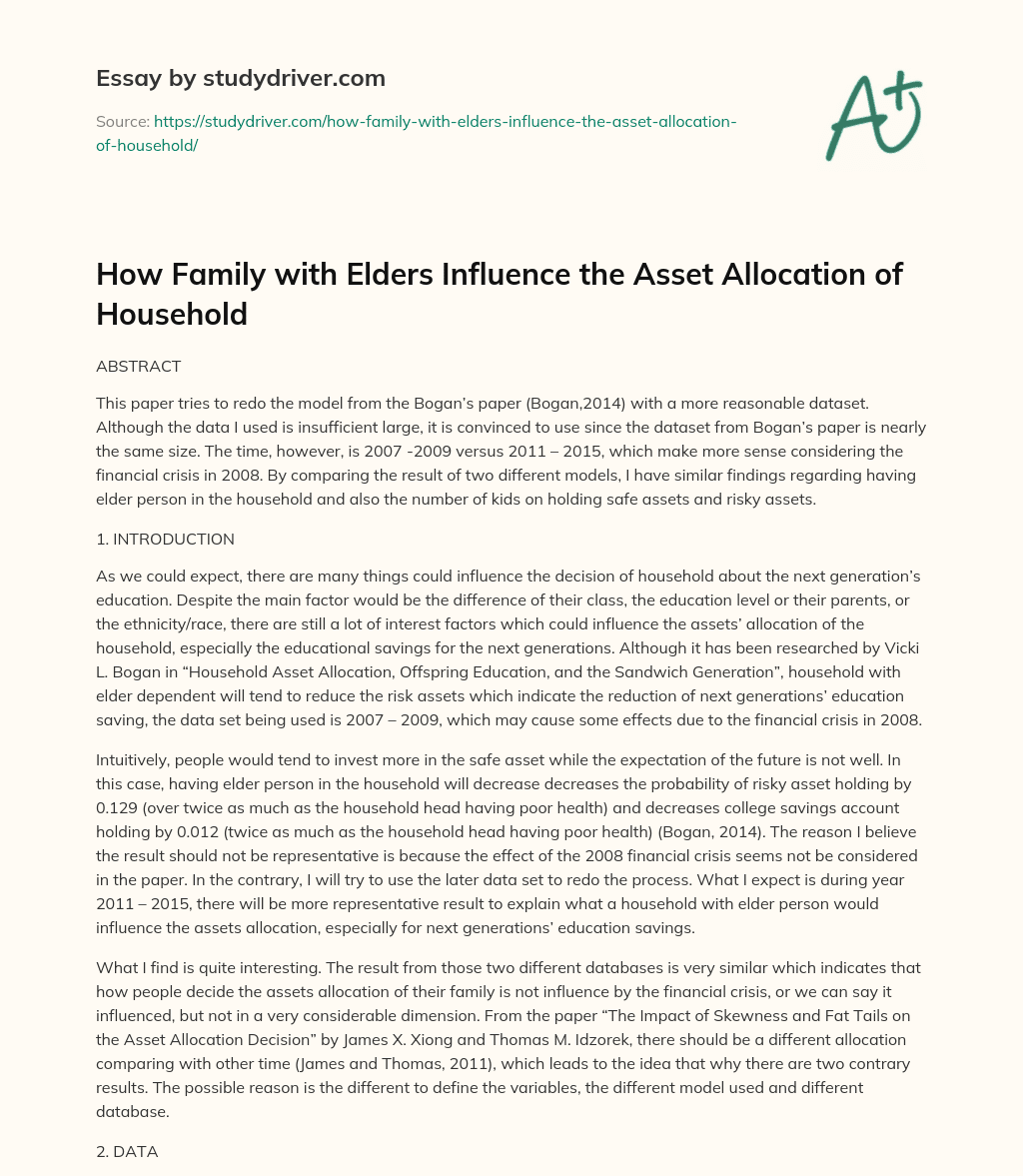 How Family with Elders Influence the Asset Allocation of Household essay