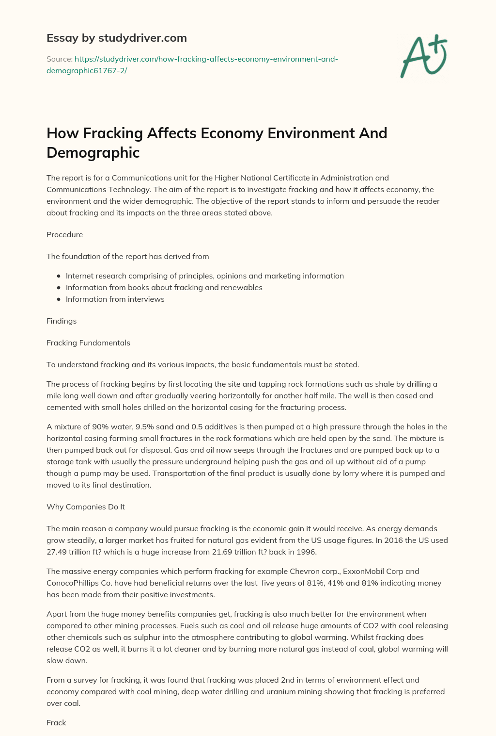 How Fracking Affects Economy Environment and Demographic essay