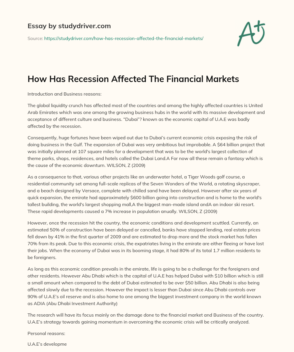 How has Recession Affected the Financial Markets essay