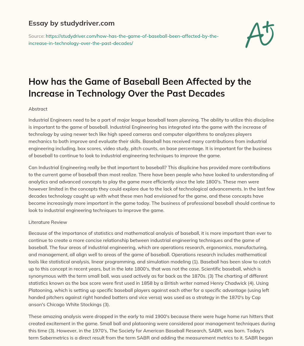 How has the Game of Baseball been Affected by the Increase in Technology over the Past Decades essay