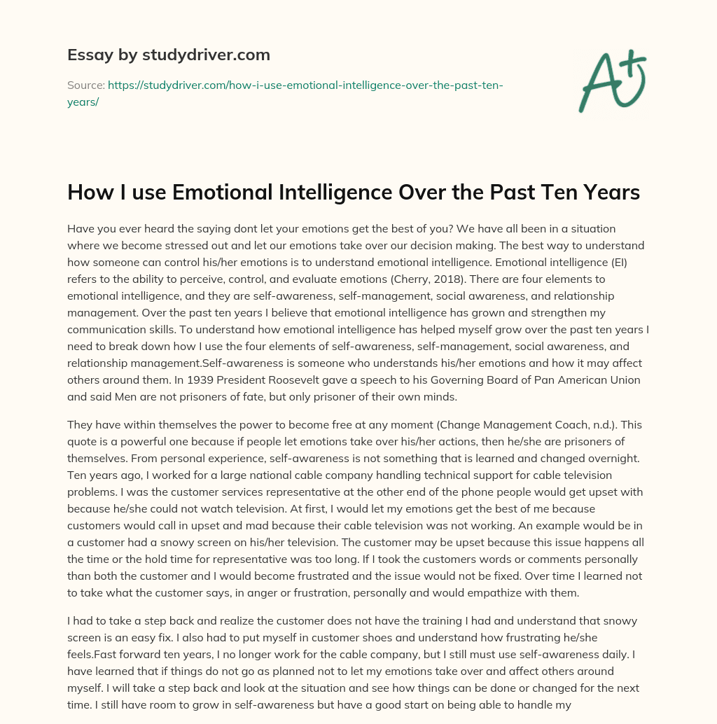 How i Use Emotional Intelligence over the Past Ten Years essay