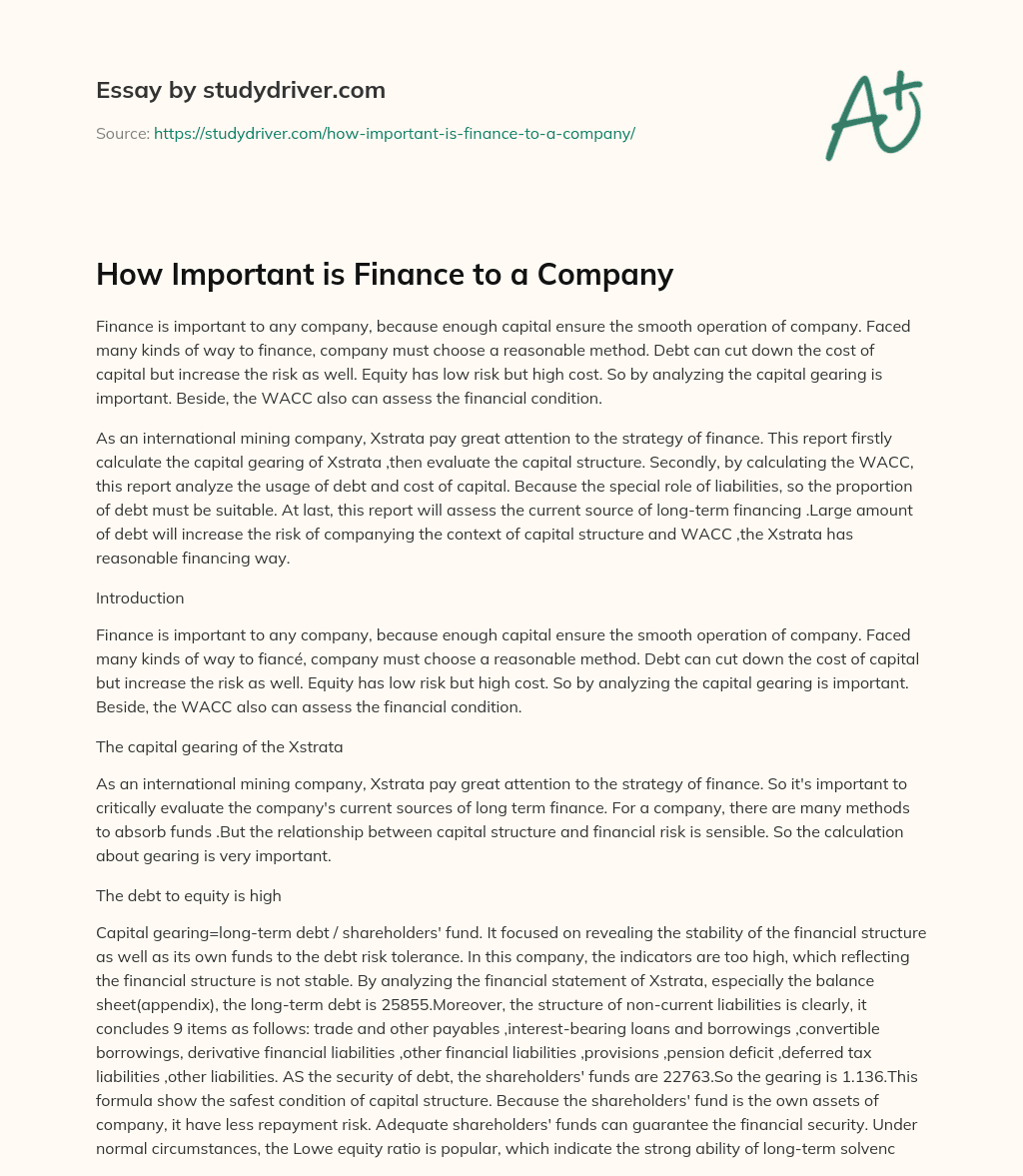 How Important is Finance to a Company essay