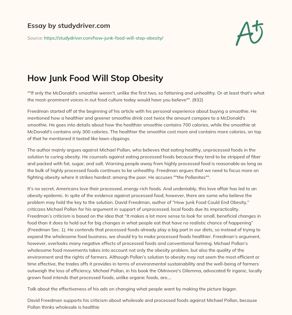 How Junk Food Will Stop Obesity essay