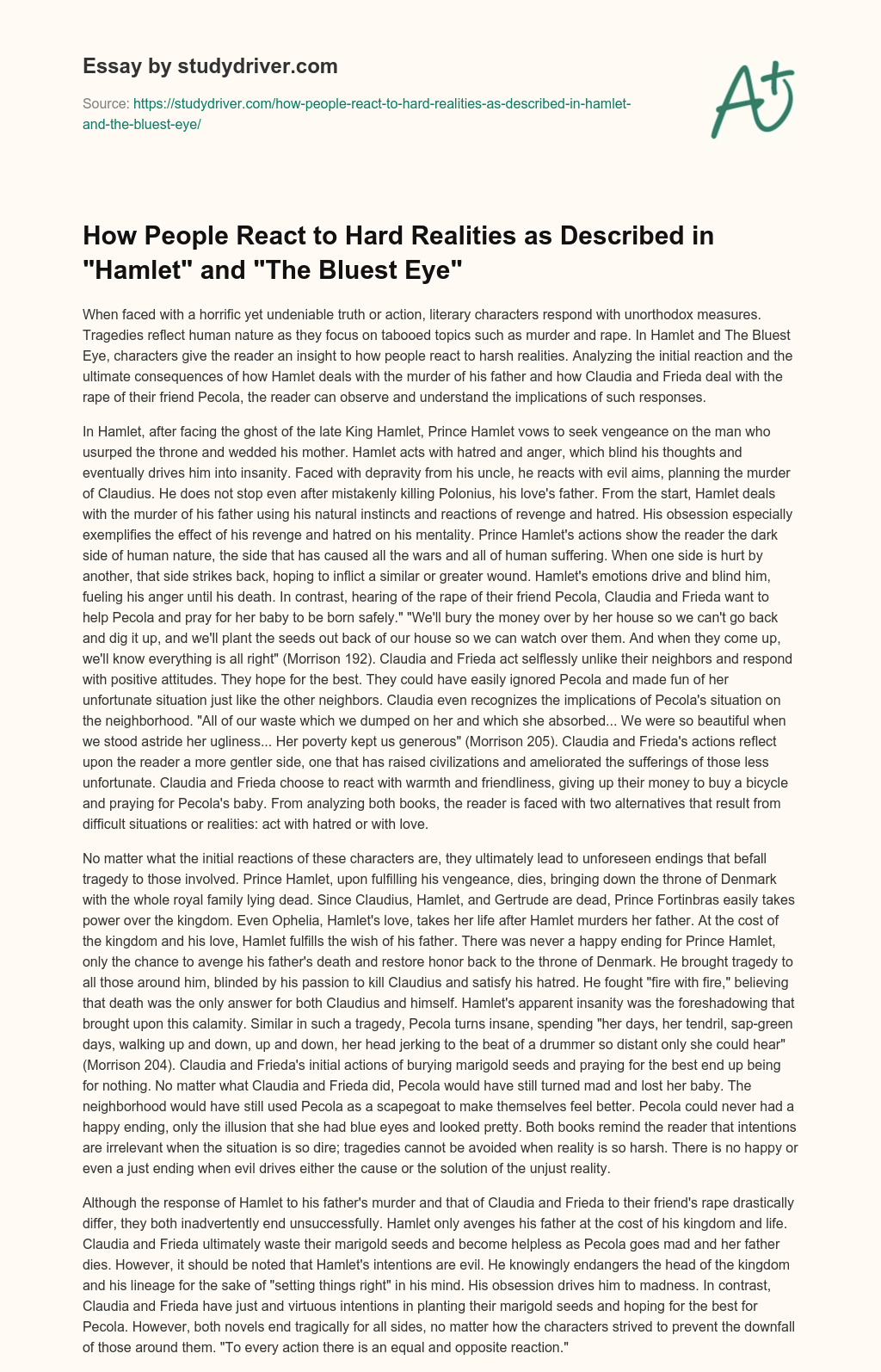 How People React to Hard Realities as Described in “Hamlet” and “The Bluest Eye” essay