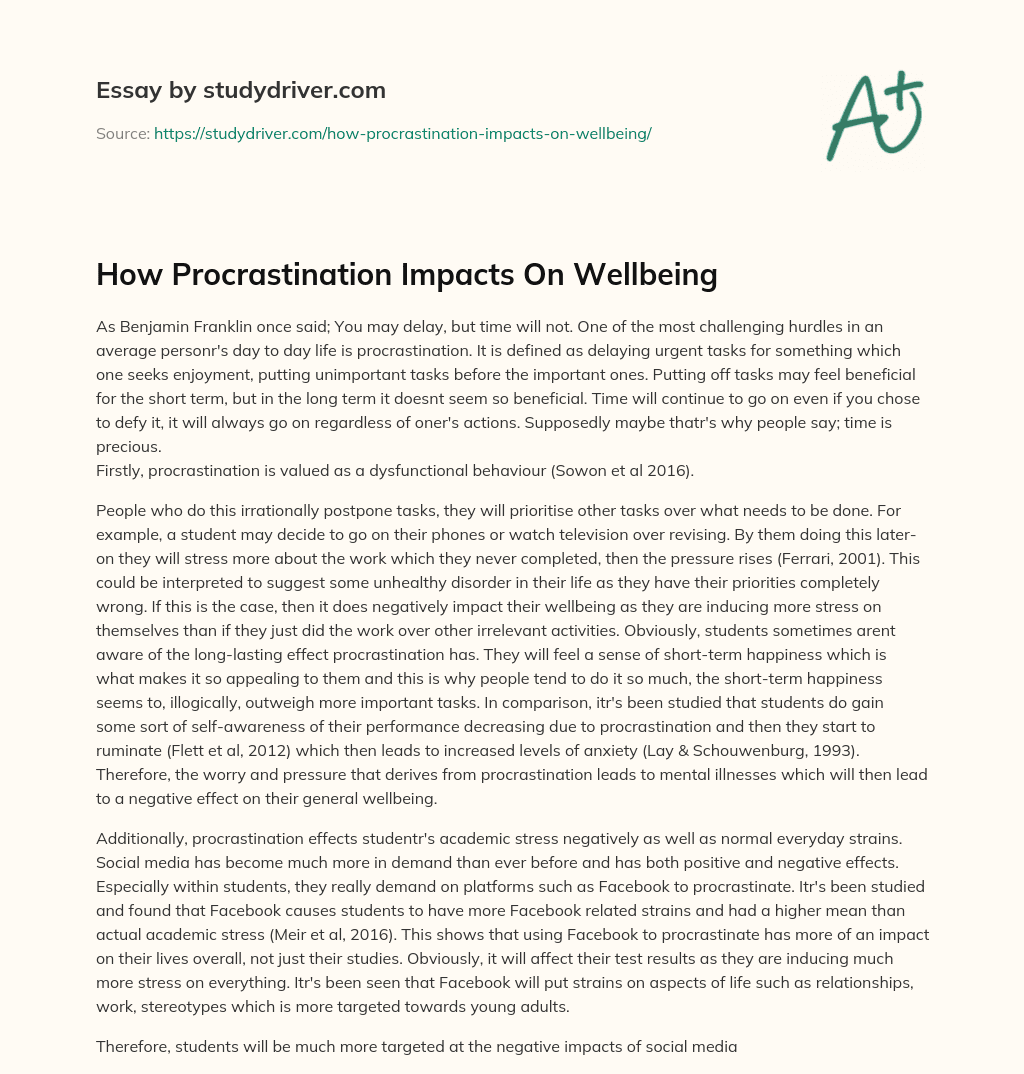 How Procrastination Impacts on Wellbeing essay