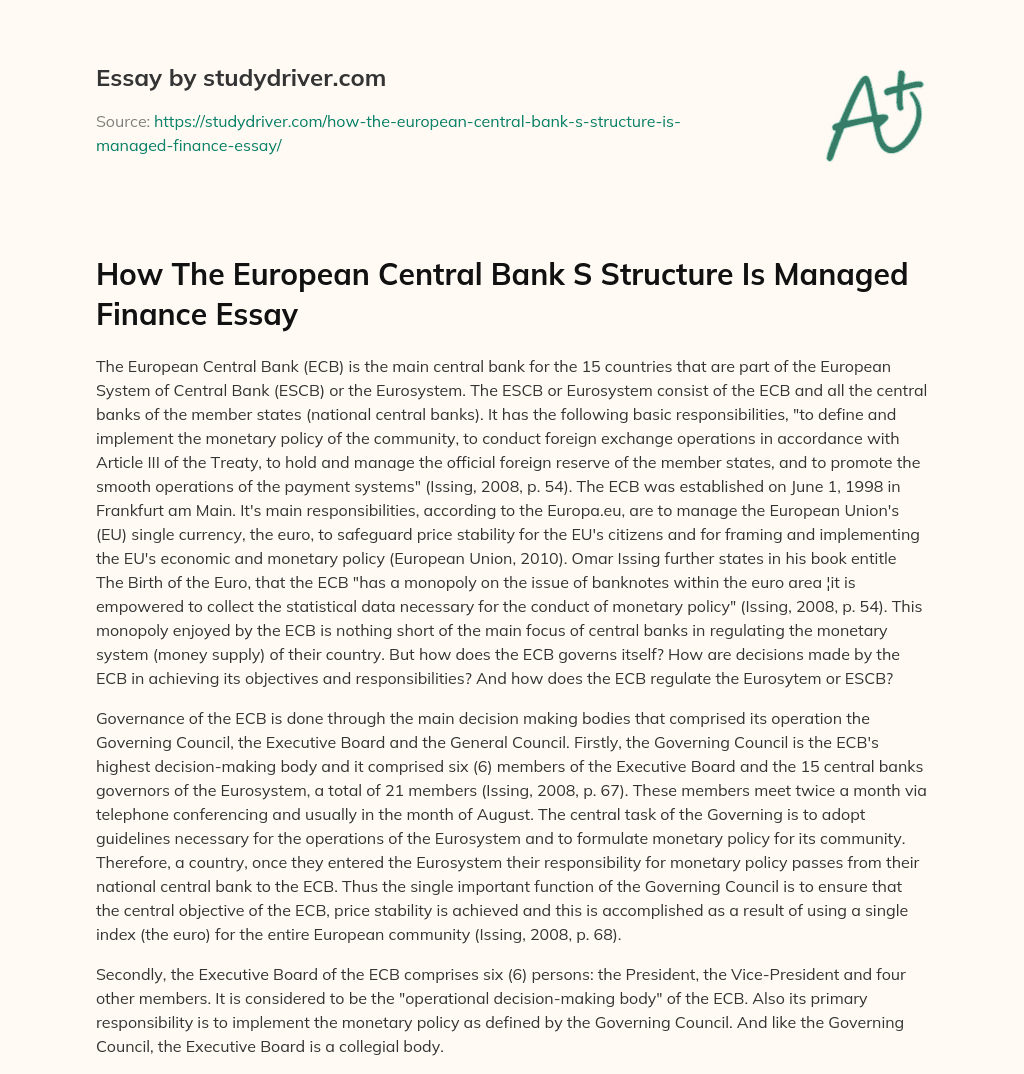 How the European Central Bank S Structure is Managed Finance Essay essay