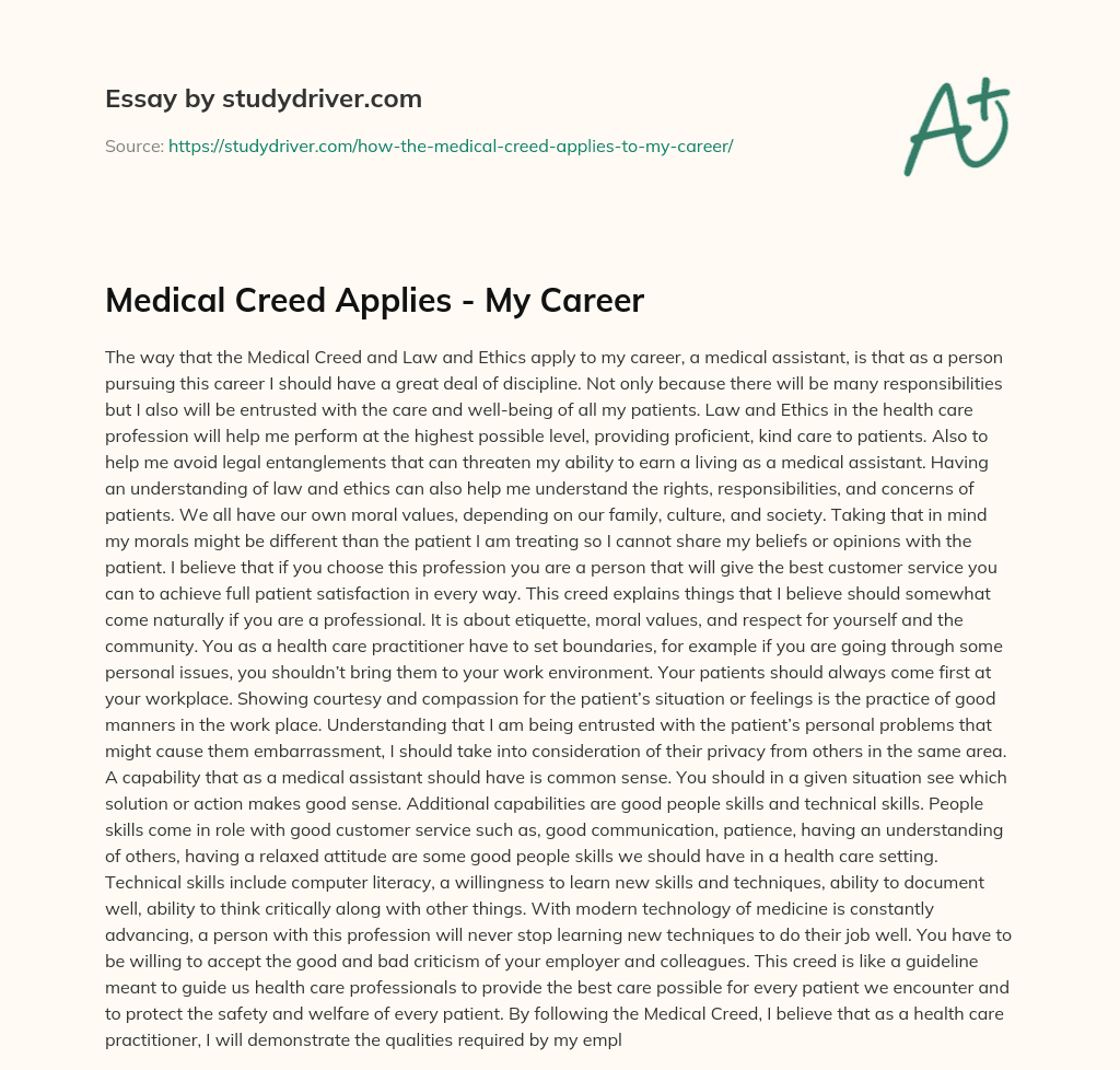 Medical Creed Applies – my Career essay