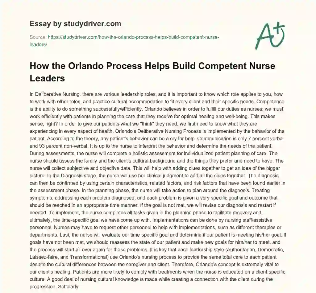 How the Orlando Process Helps Build Competent Nurse Leaders essay