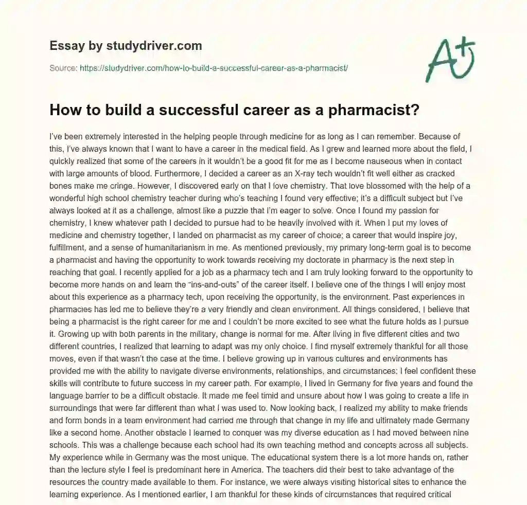 How to Build a Successful Career as a Pharmacist? essay