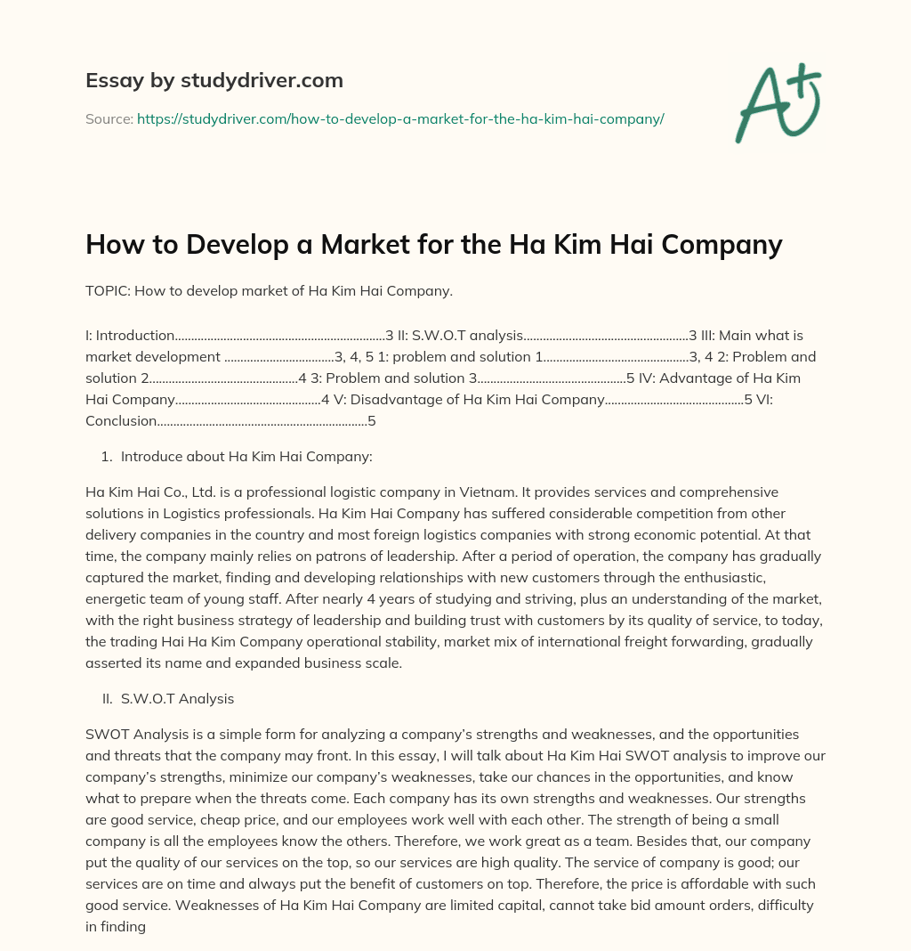 How to Develop a Market for the Ha Kim Hai Company essay