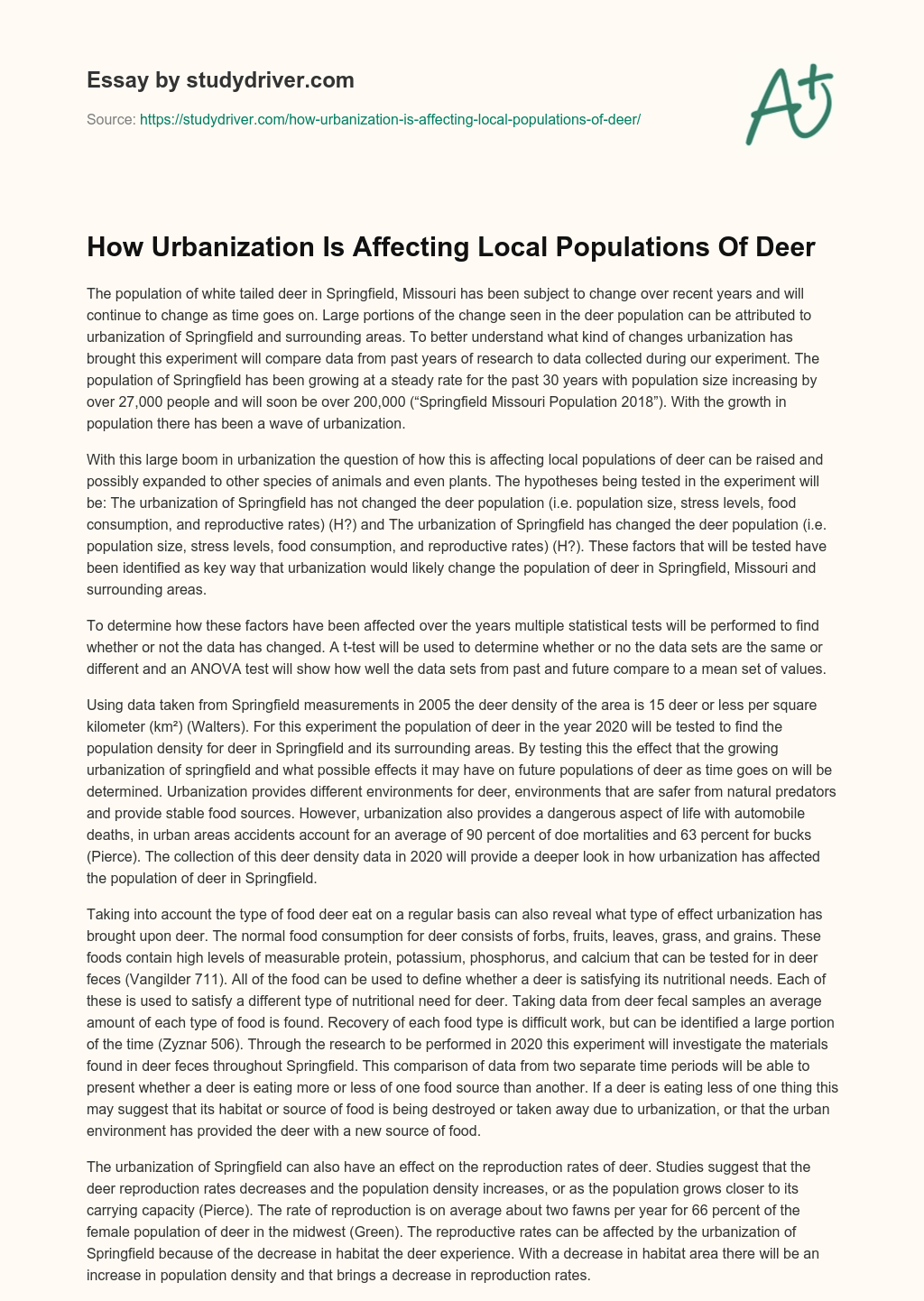 How Urbanization is Affecting Local Populations of Deer essay