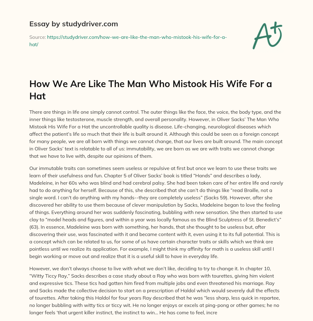 How we are Like the Man who Mistook his Wife for a Hat essay