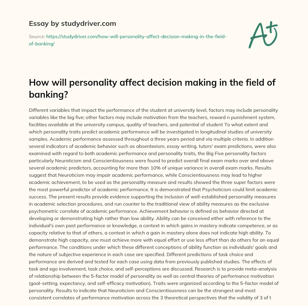 How Will Personality Affect Decision Making in the Field of Banking? essay