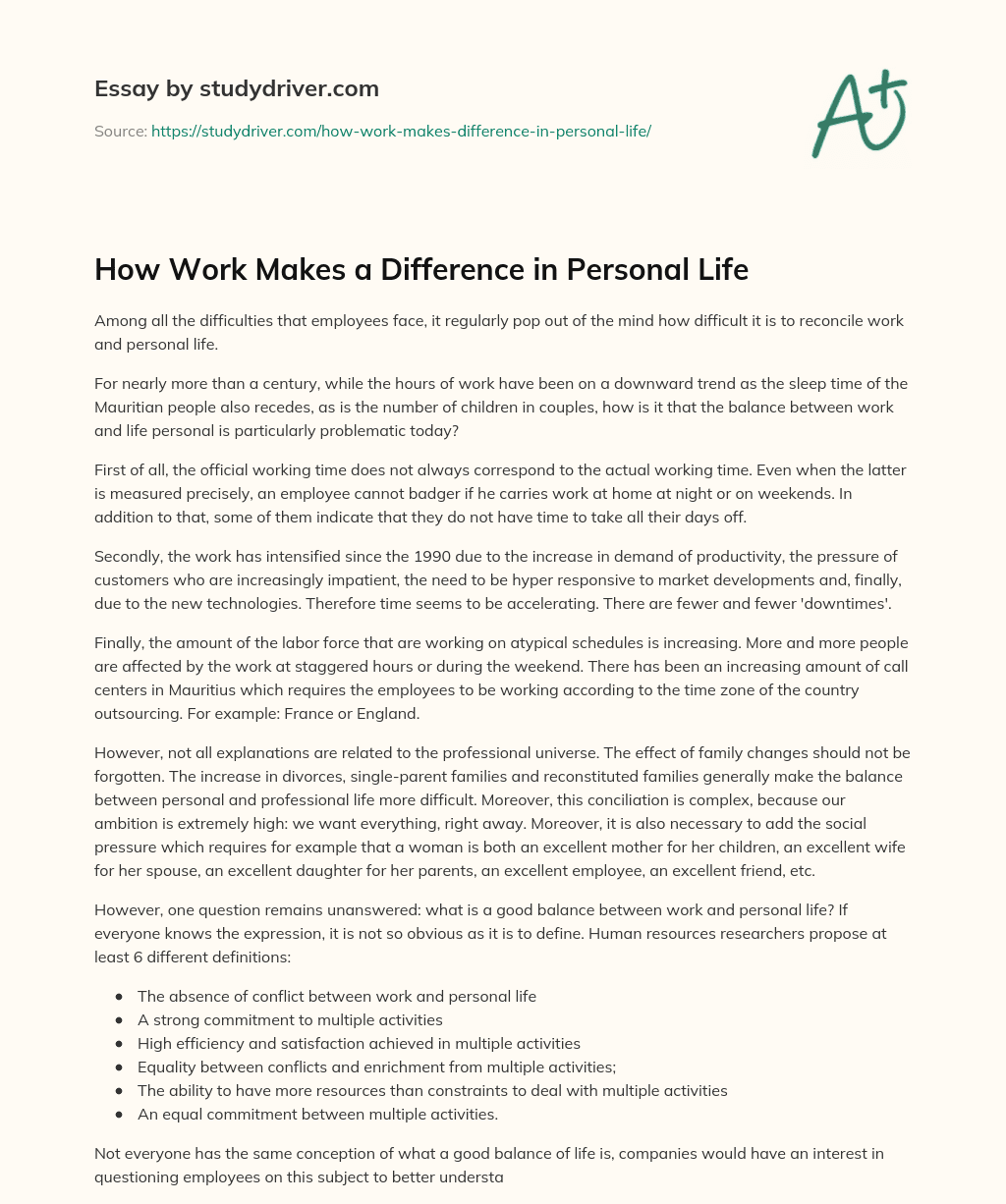 How Work Makes a Difference in Personal Life essay