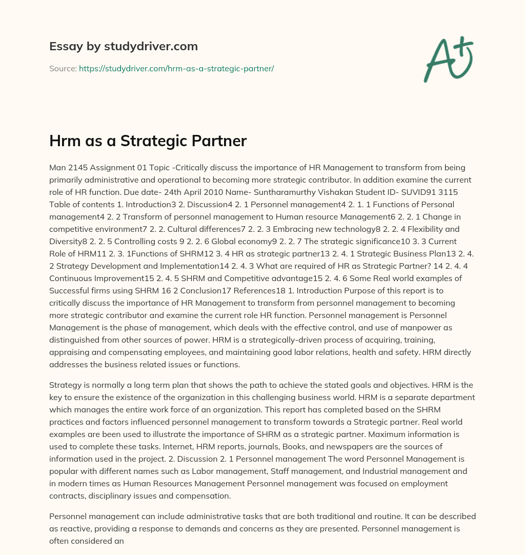 Hrm as a Strategic Partner essay