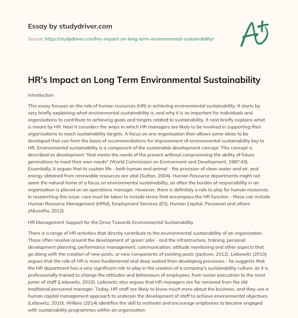 HR’s Impact on Long Term Environmental Sustainability essay