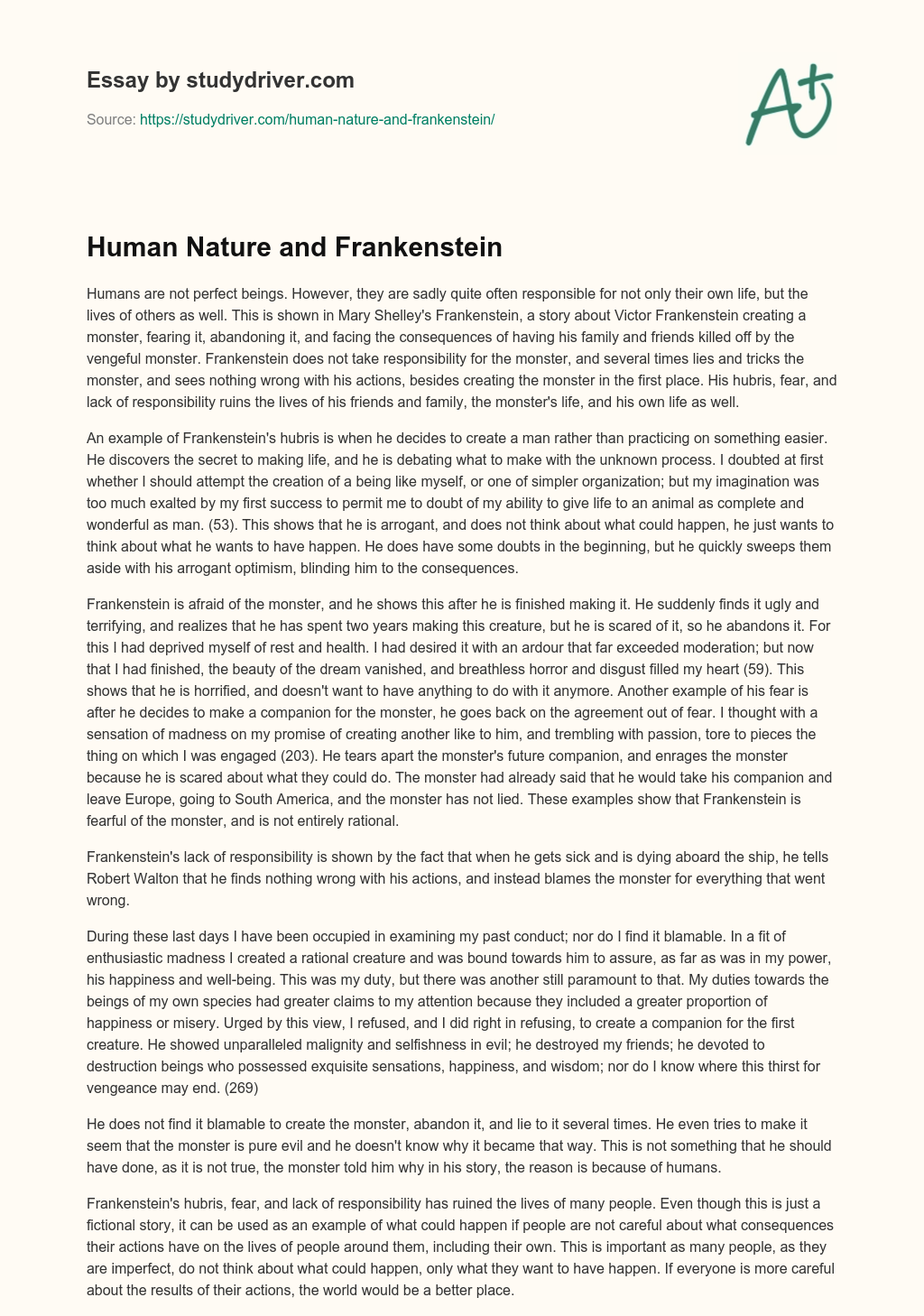 Human Nature and Frankenstein essay