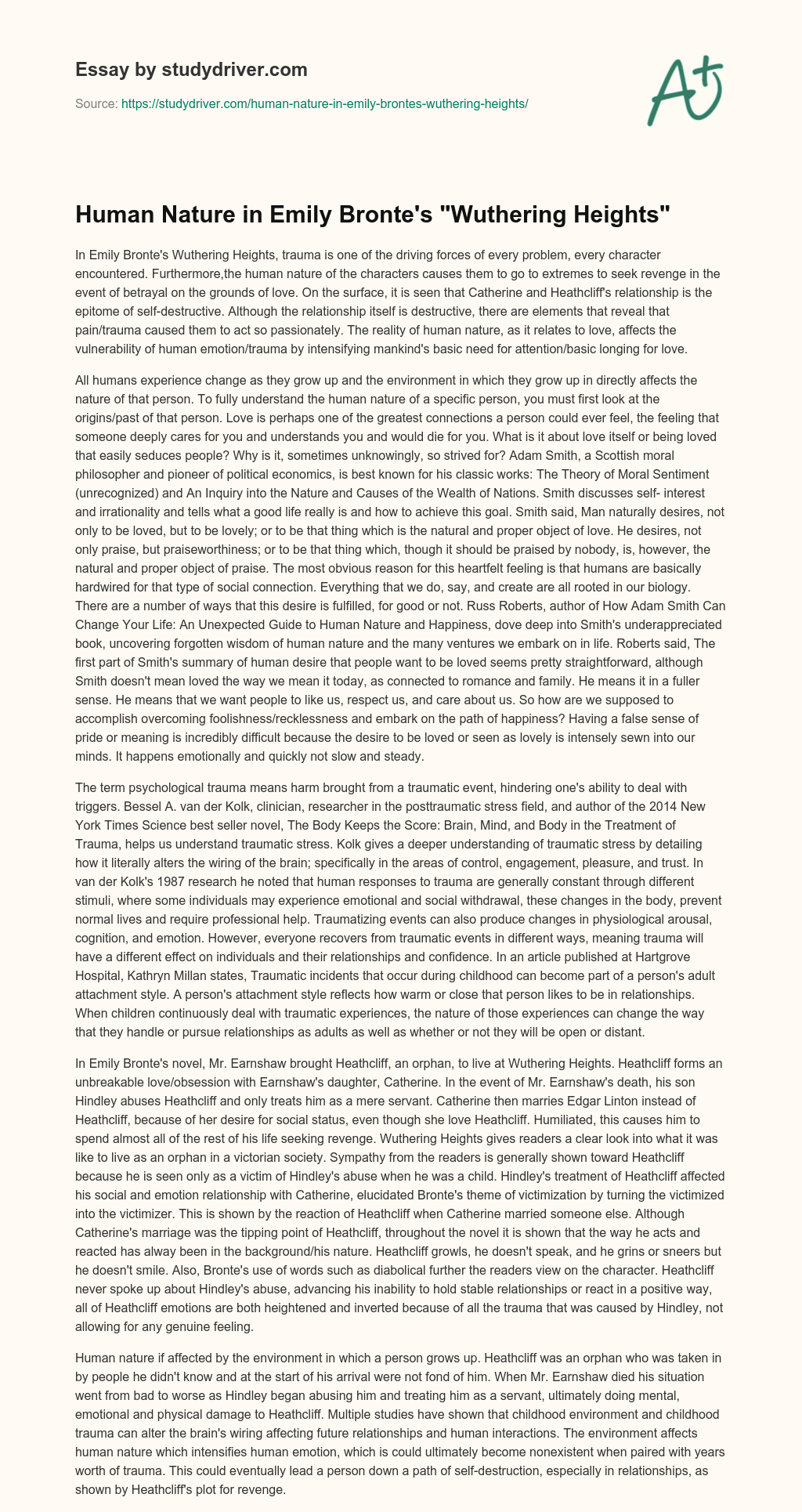 Human Nature in Emily Bronte’s “Wuthering Heights” essay