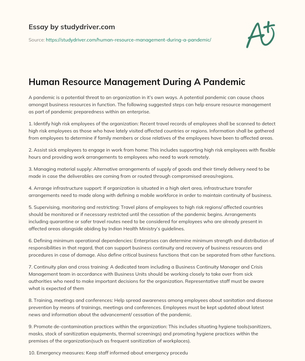 Human Resource Management during a Pandemic essay