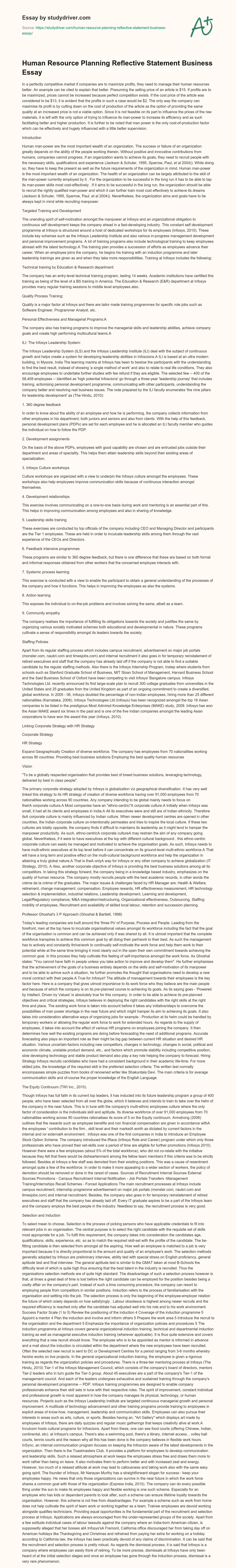 Human Resource Planning Reflective Statement Business Essay essay