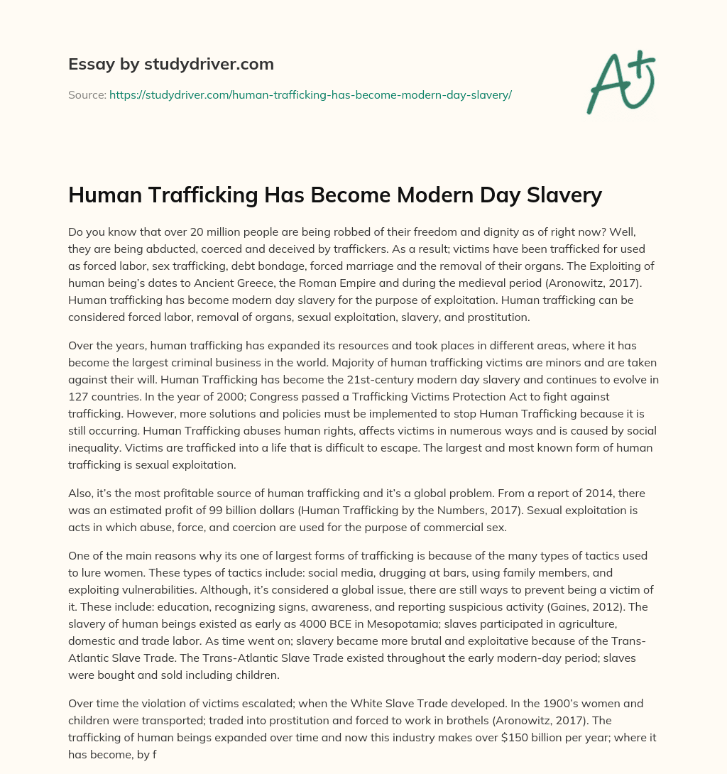 Human Trafficking has Become Modern Day Slavery essay