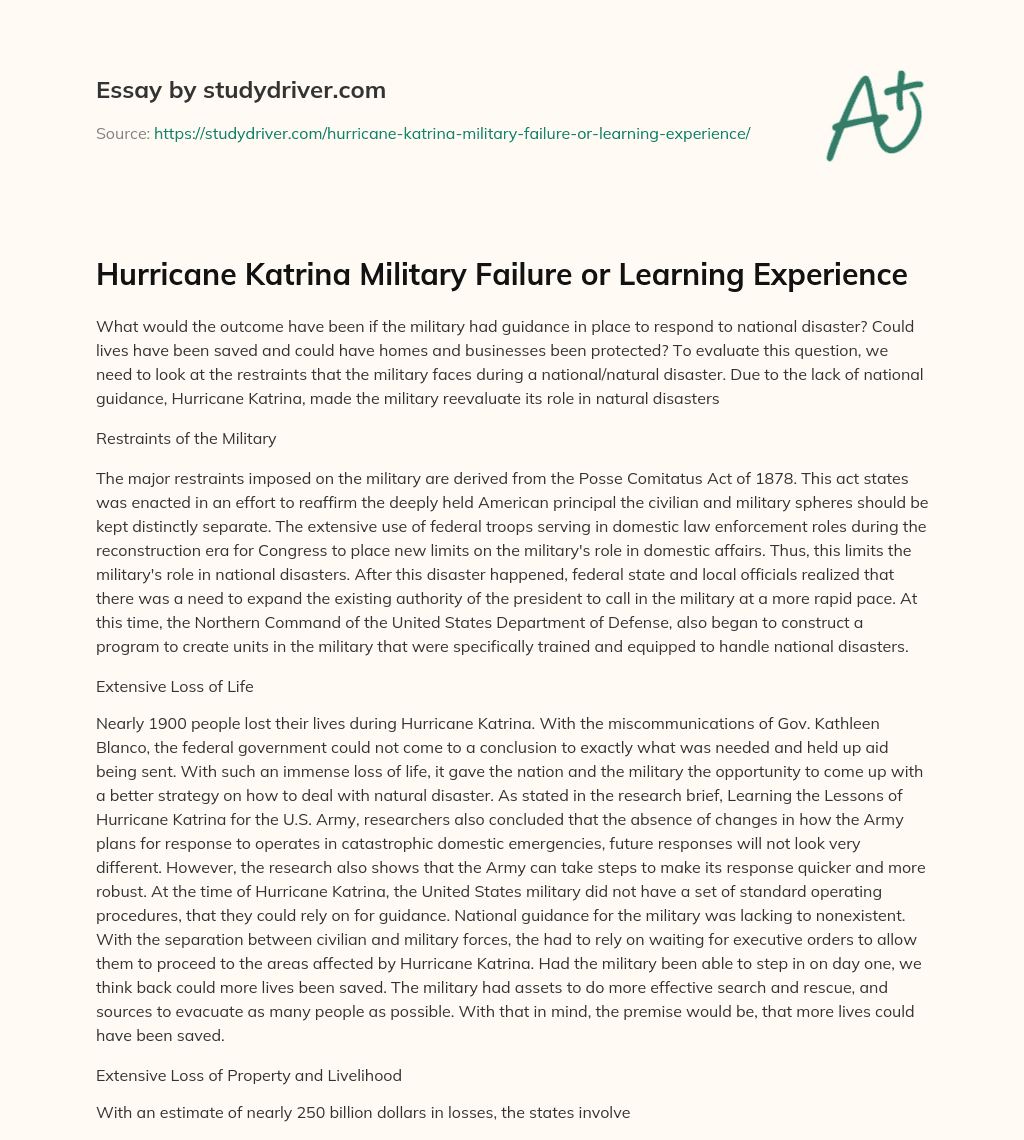 Hurricane Katrina Military Failure or Learning Experience essay