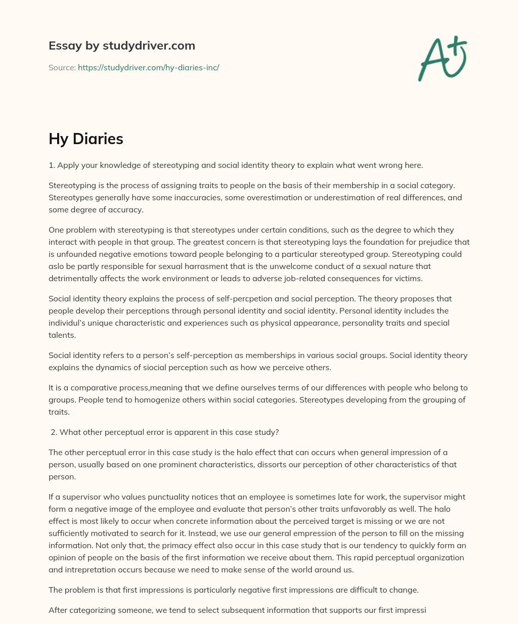 Hy Diaries essay