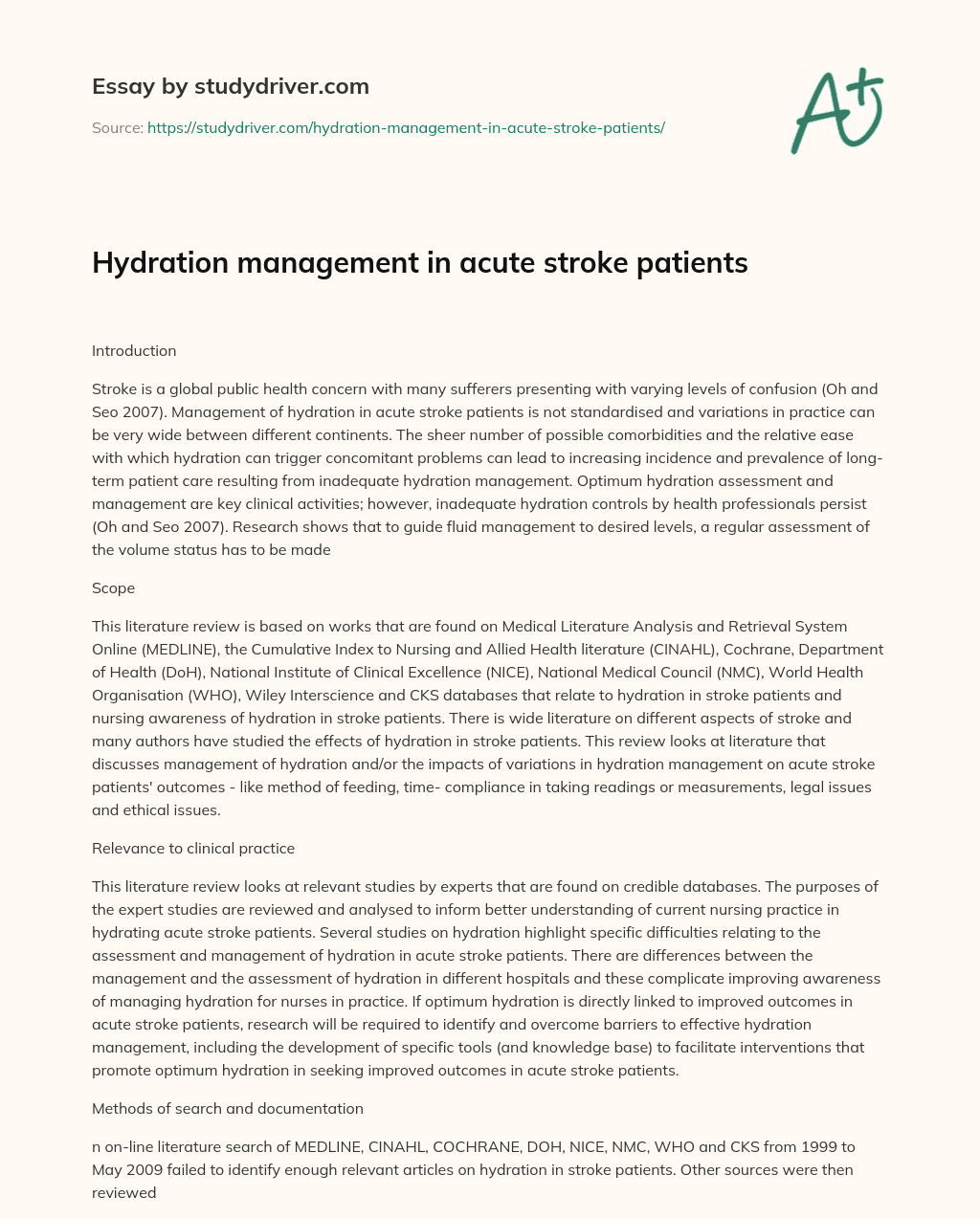 Hydration Management in Acute Stroke Patients essay