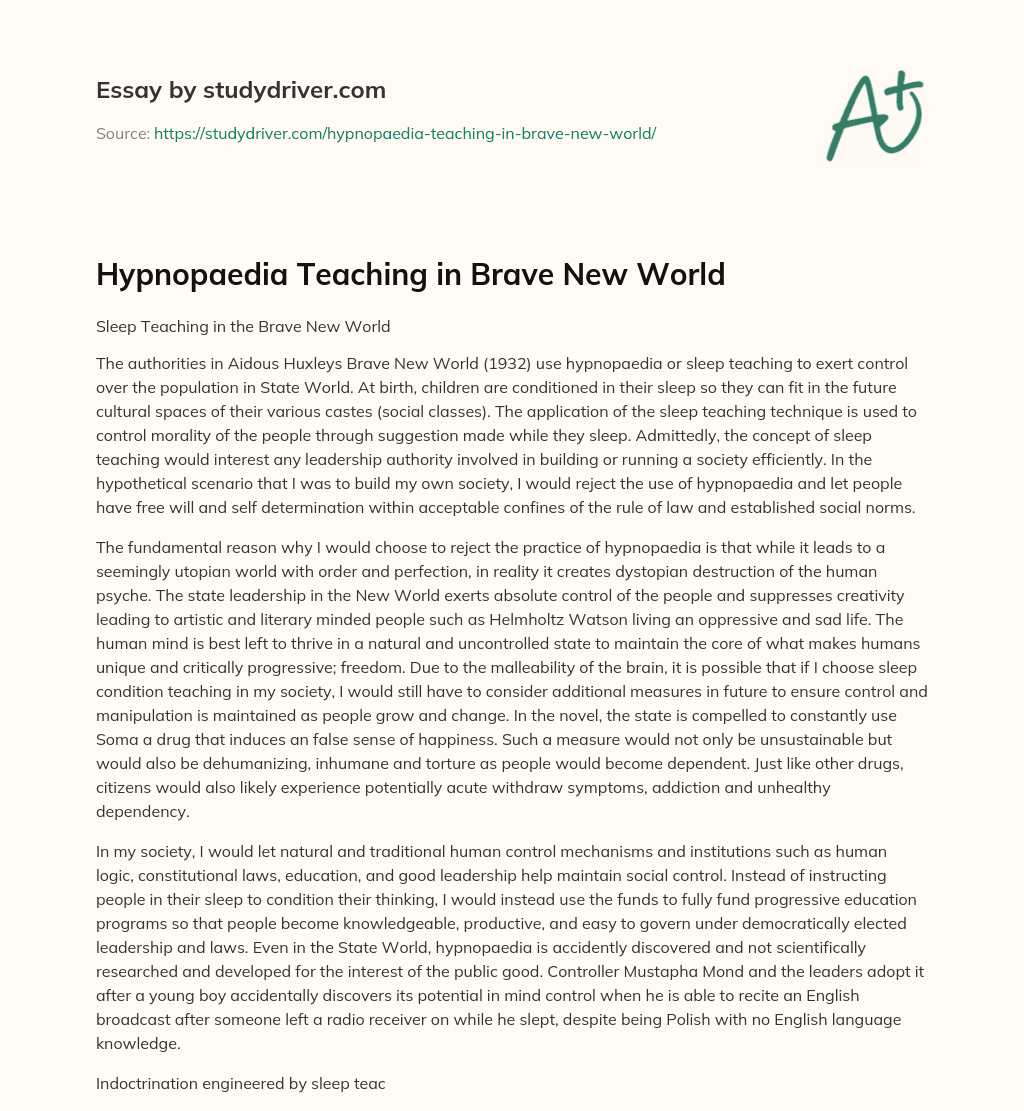 Hypnopaedia Teaching in Brave New World essay