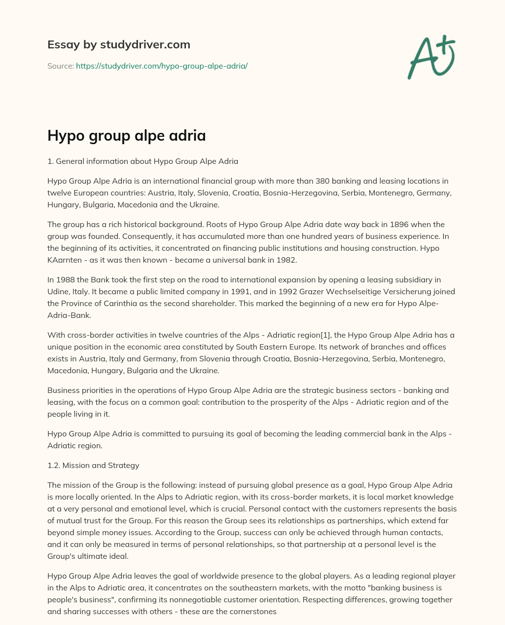 Hypo Group Alpe Adria essay