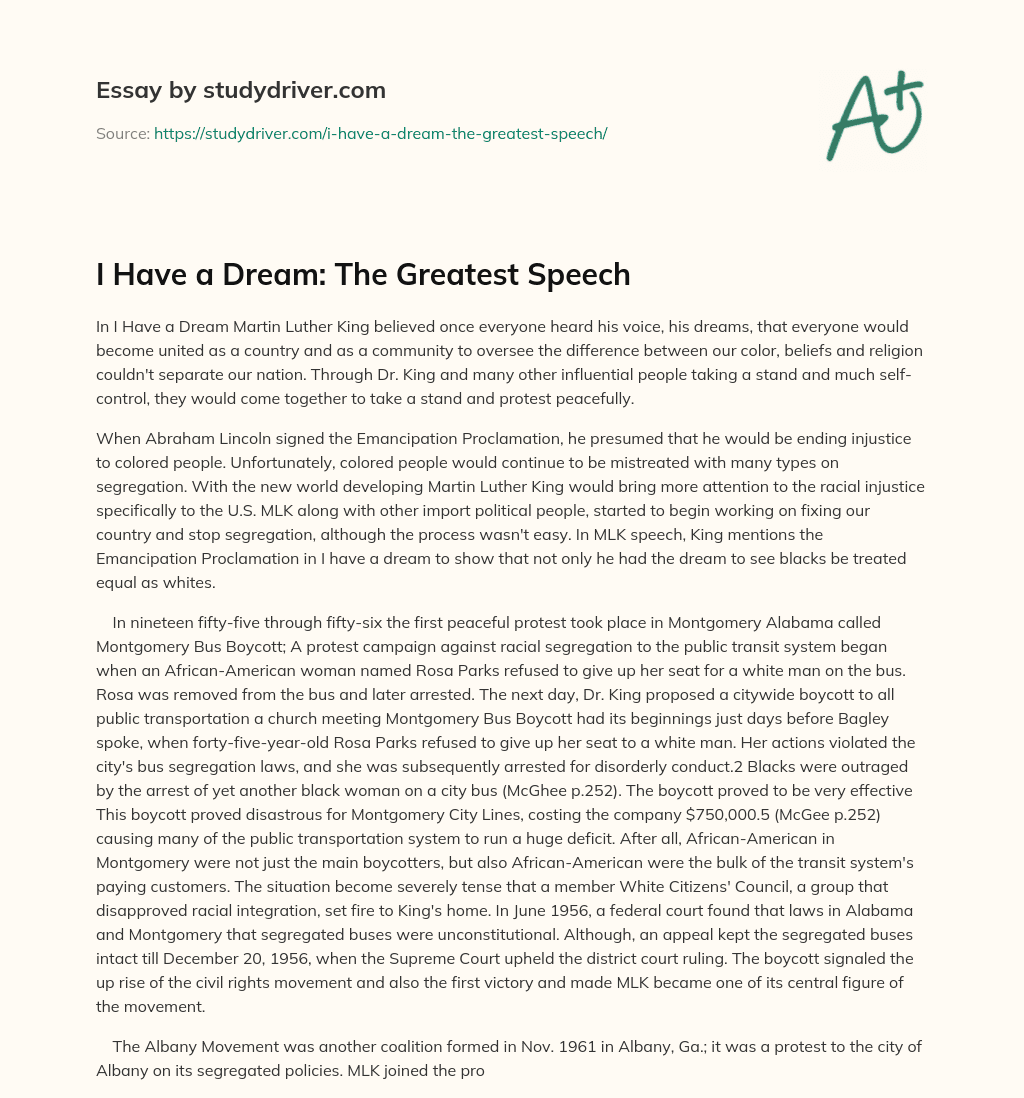 I have a Dream: the Greatest Speech essay