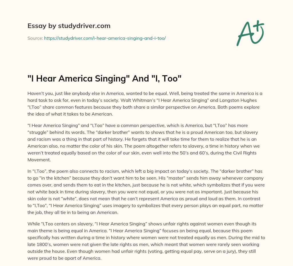 “I Hear America Singing” and “I, Too” essay