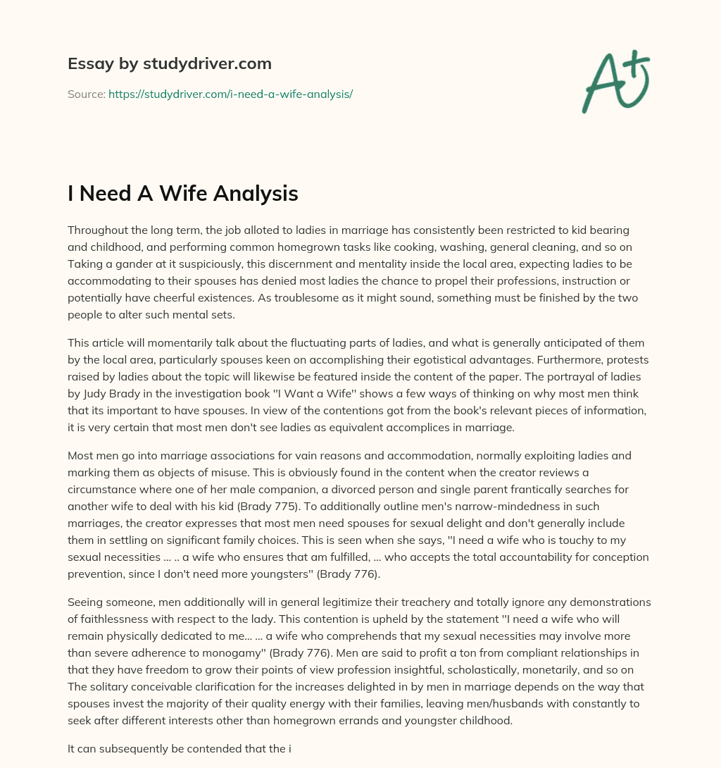 I Need a Wife Analysis essay