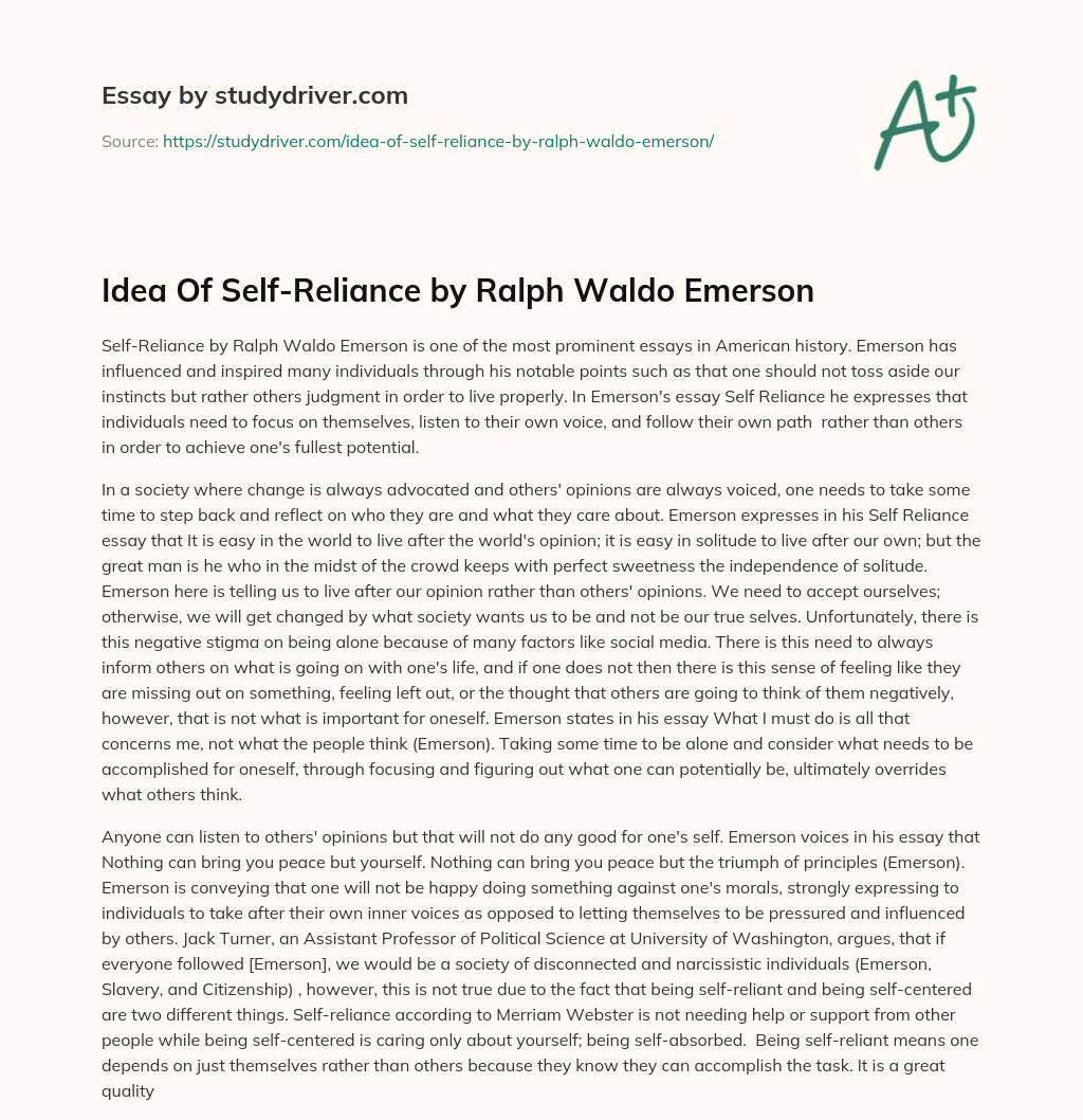Idea of Self-Reliance by Ralph Waldo Emerson essay