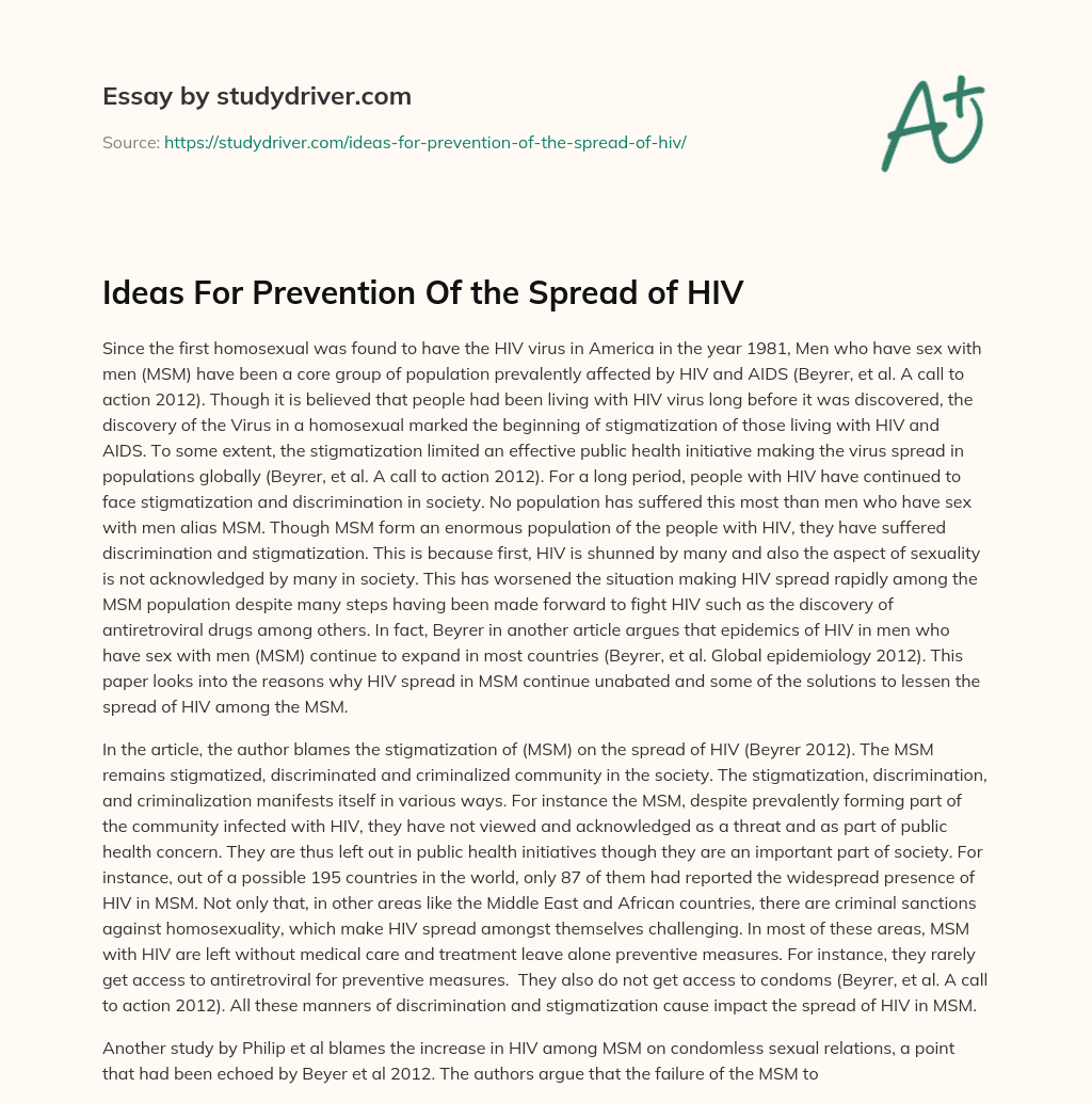 Ideas for Prevention of the Spread of HIV essay