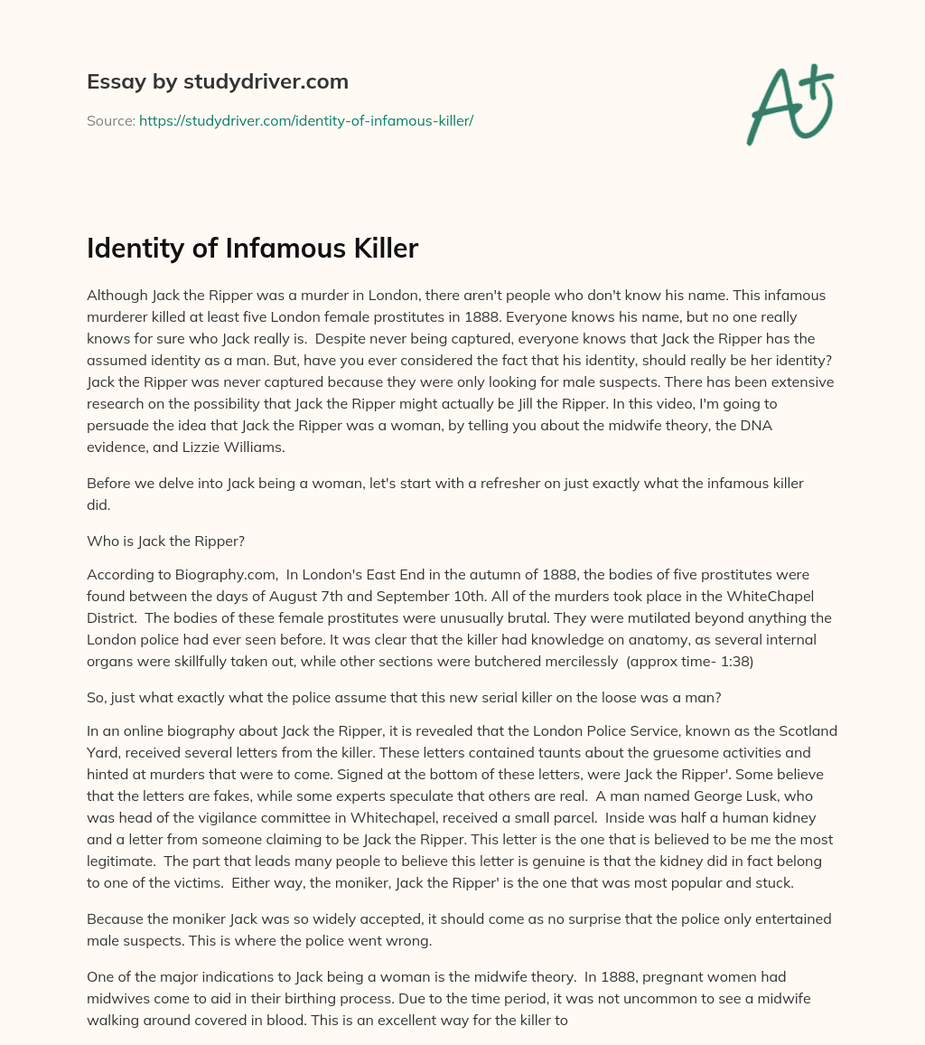 Identity of Infamous Killer essay